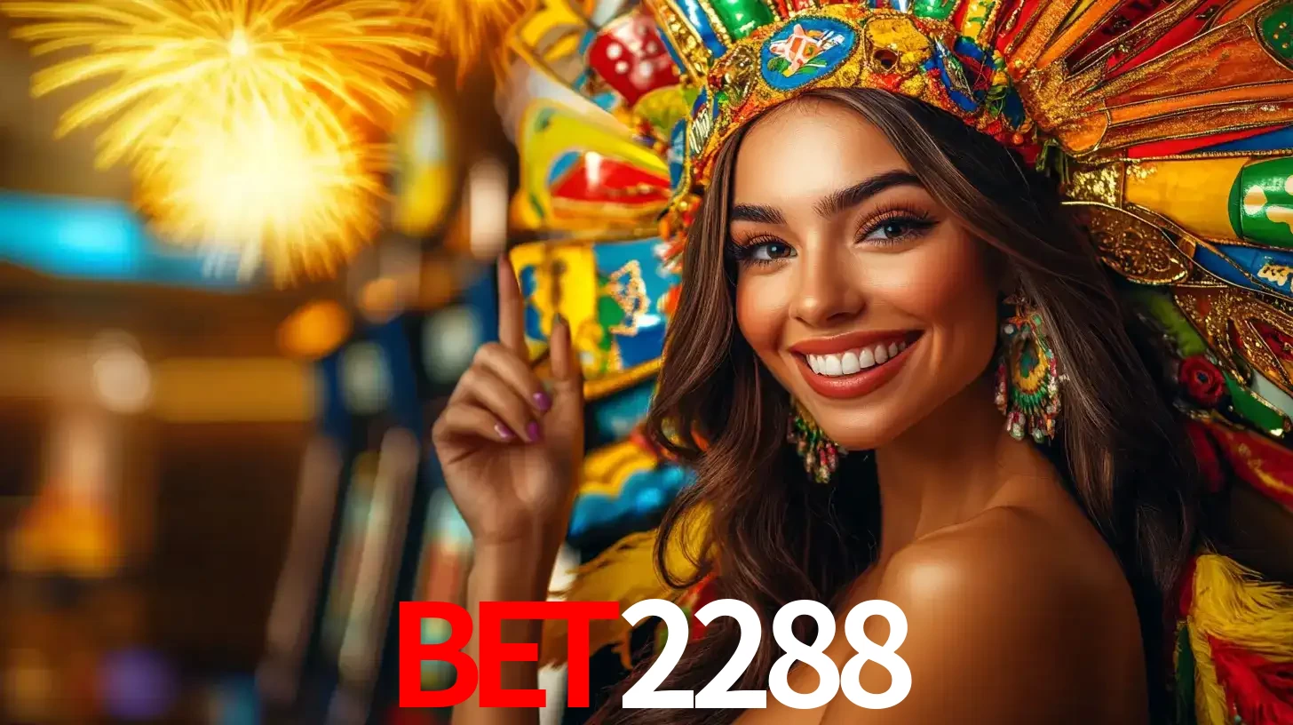 Mulher sorridente com um cocar de carnaval vibrante e colorido, celebrando uma grande vitória nos jogos do cassino BET2288 com fogos de artifício ao fundo.