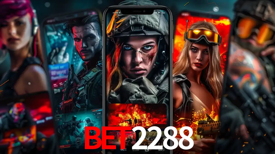 Montagem de telas de celular mostrando diversos personagens, masculinos e femininos, de um jogo de tiro, ilustrando a diversidade de equipes de e-sports para apostar no BET2288.