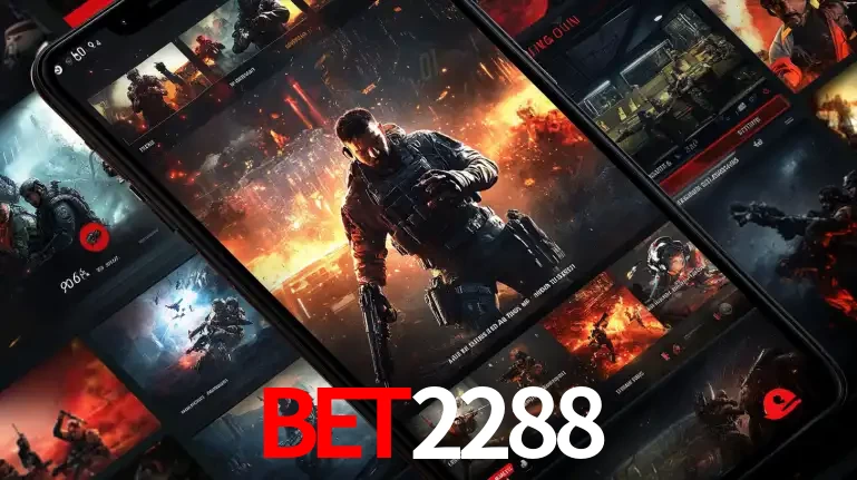 Tela de um celular exibindo uma galeria de jogos de tiro com temática militar, mostrando a variedade de e-sports disponíveis para apostas na plataforma de entretenimento BET2288.
