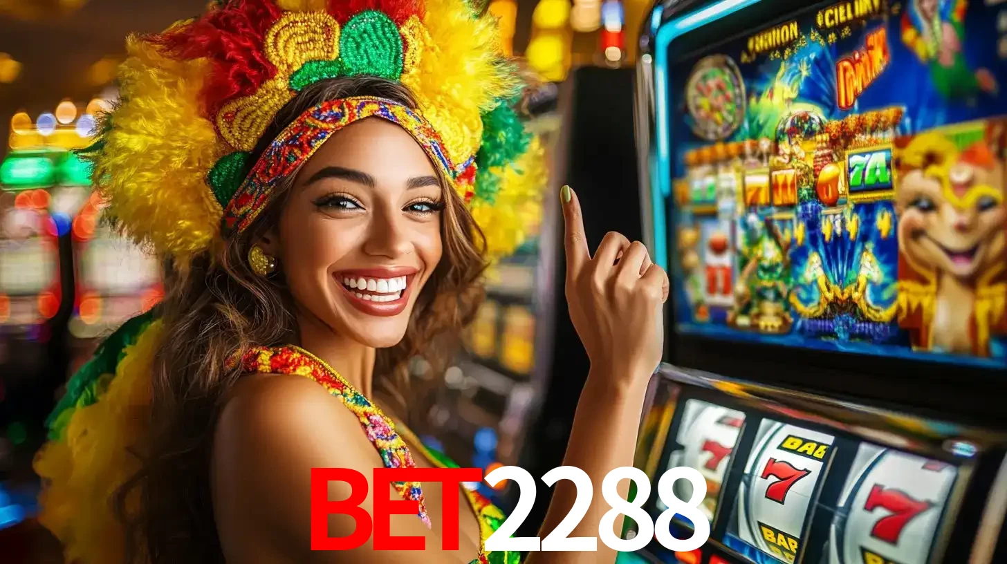 Mulher animada com um cocar de carnaval apontando para uma máquina de caça-níqueis, mostrando a emoção de ganhar um grande prêmio nos jogos do BET2288.