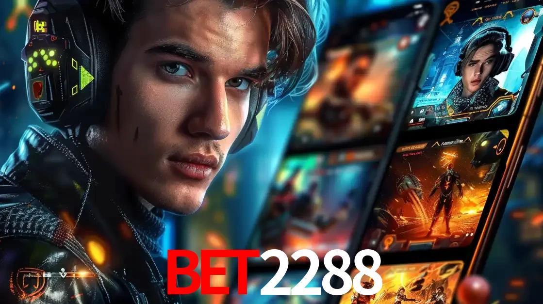 Jovem jogador com fones de ouvido olhando para a câmera, com um aplicativo de jogos e e-sports para celular ao fundo, pronto para a competição e apostas no BET2288.