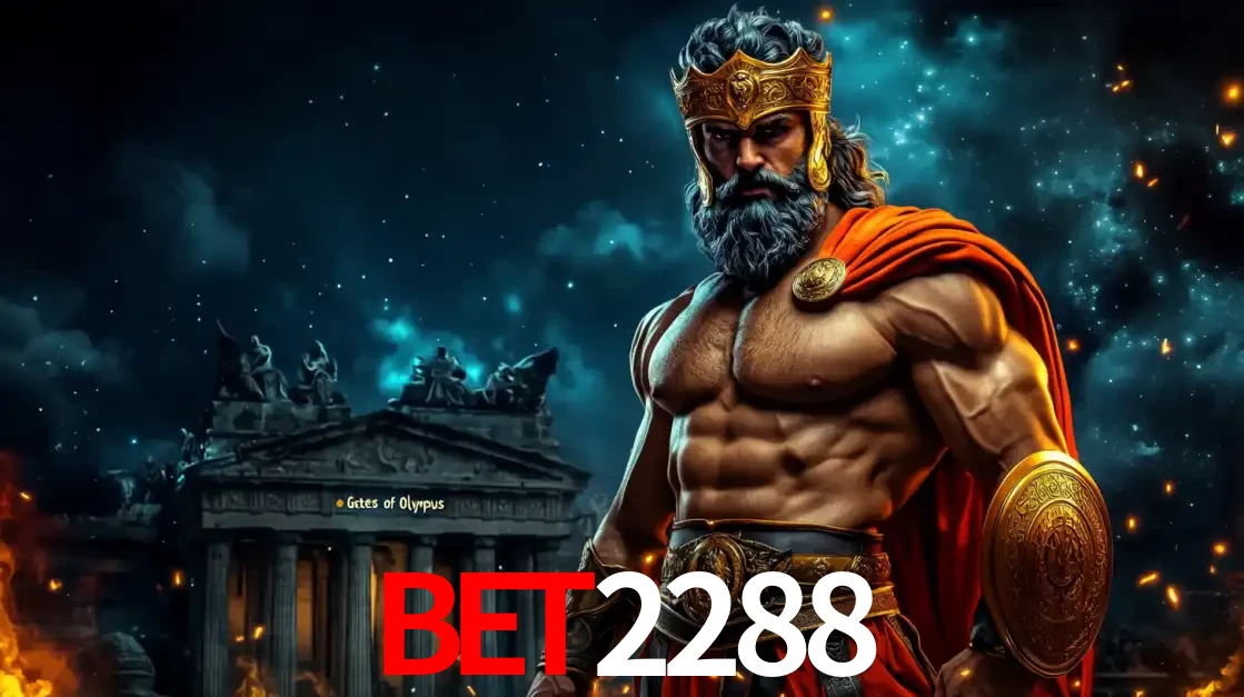 O poderoso Zeus do jogo de slot Gates of Olympus em frente ao seu templo, pronto para lançar multiplicadores divinos e prêmios épicos no cassino online BET2288.