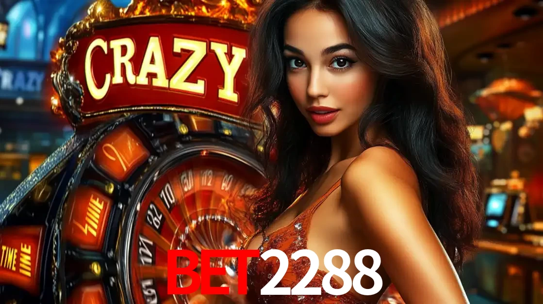 Mulher glamourosa olhando para a câmera com a roda vermelha do Crazy Time ao fundo em um ambiente de cassino, destacando a emoção dos jogos ao vivo no BET2288.