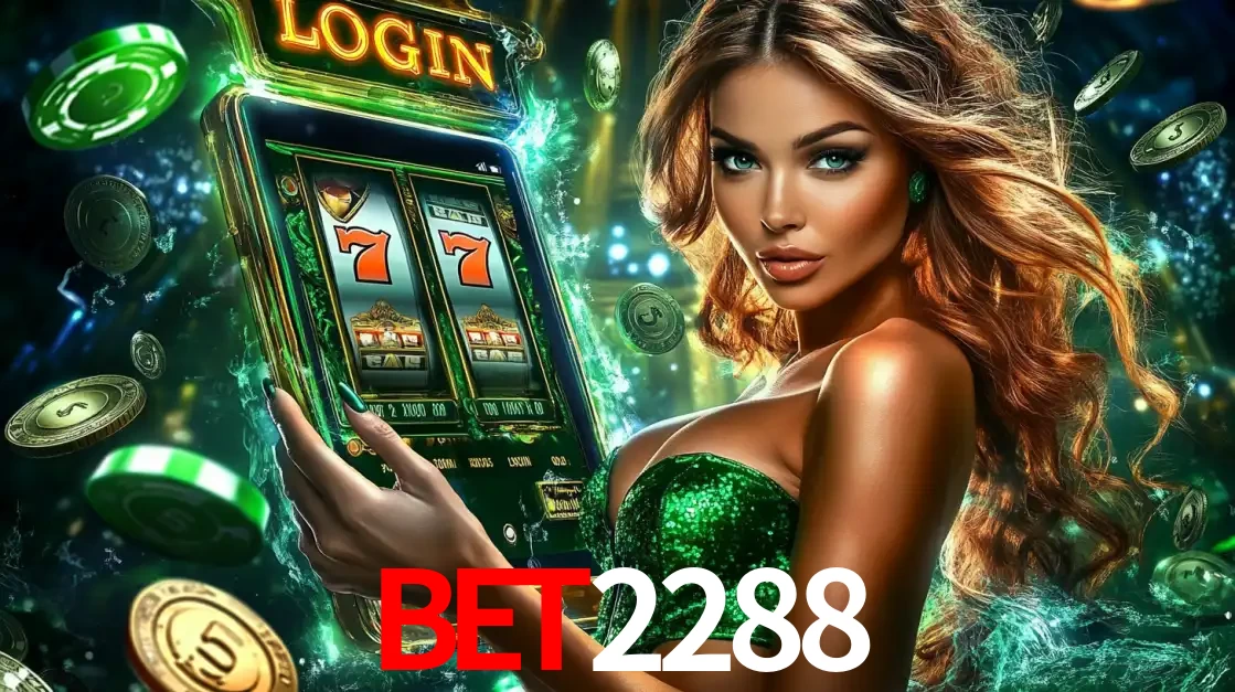 Mulher com tema verde apresentando o aplicativo do cassino BET2288 com um jogo de slot de 777, cercada por fichas de cassino e uma aura de sorte.