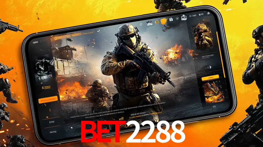 Um smartphone exibindo a interface de um jogo de tiro em primeira pessoa, com um soldado em um cenário de batalha, representando a ação dos e-sports para apostar no BET2288.