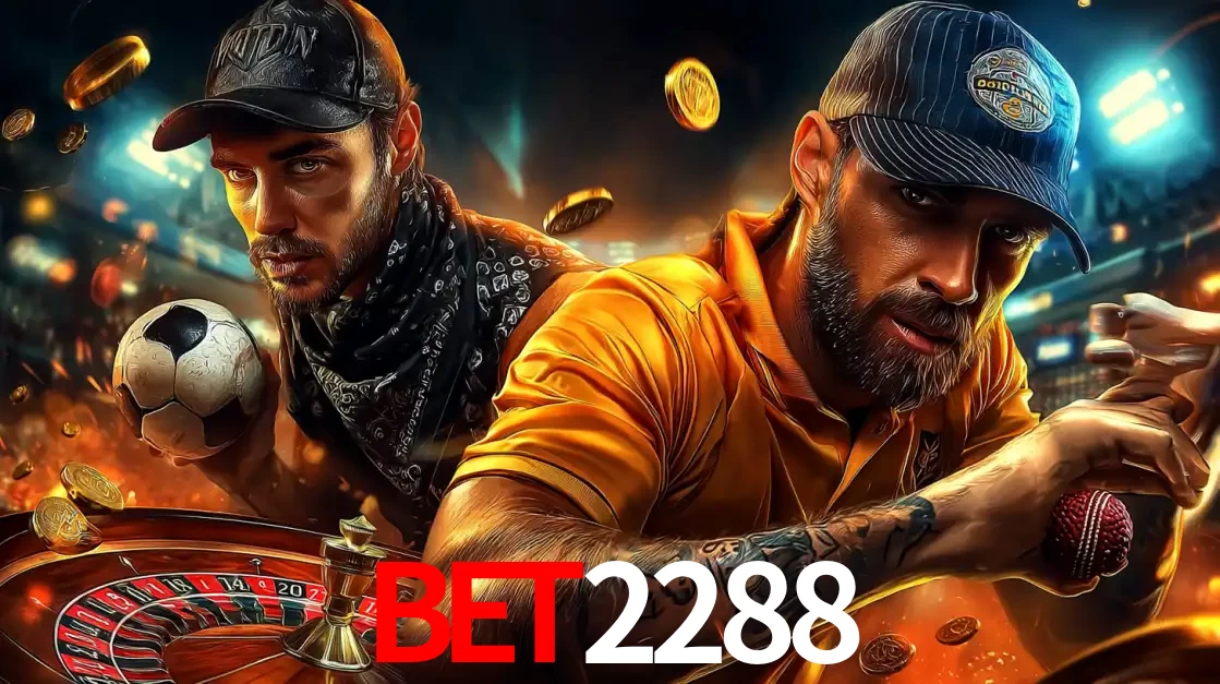 Montagem de apostas esportivas e cassino no BET2288, com um homem segurando uma bola de futebol e outro uma de beisebol sobre uma roleta e moedas voadoras.