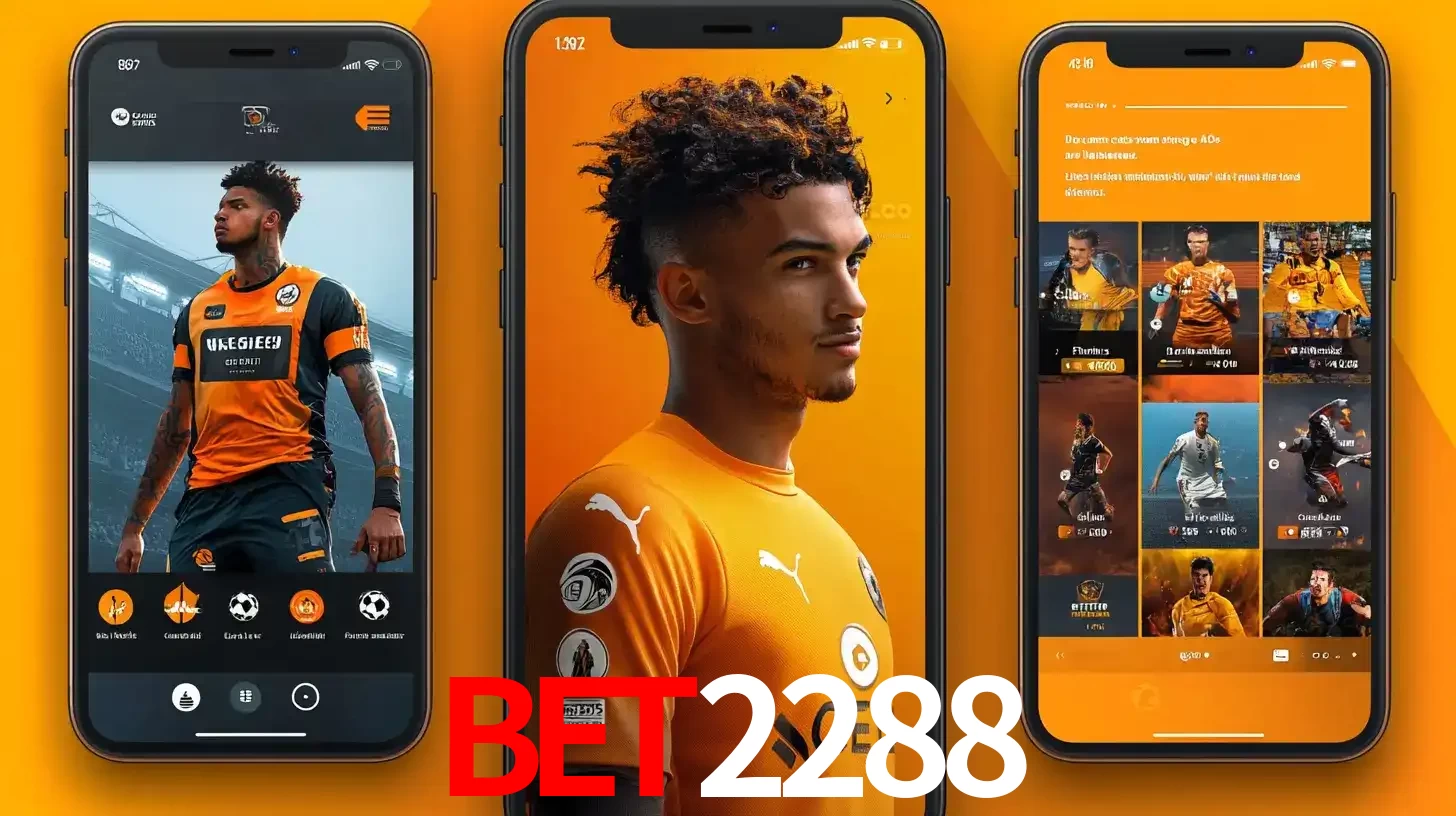 Interface do aplicativo de apostas esportivas BET2288 em três telas de celular, mostrando o perfil de um jogador de futebol e a lista de jogos disponíveis para apostar.