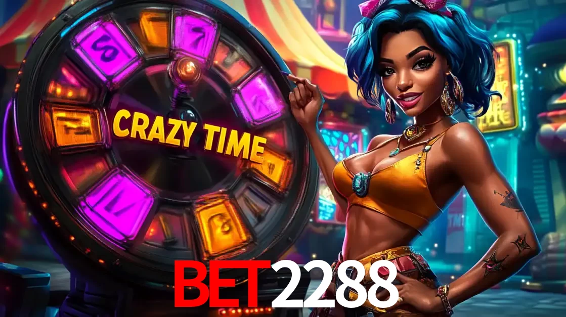 Mulher estilizada com cabelo azul e visual vibrante posando ao lado da roda de prêmios do game show Crazy Time, convidando para a diversão e os bônus do cassino BET2288.
