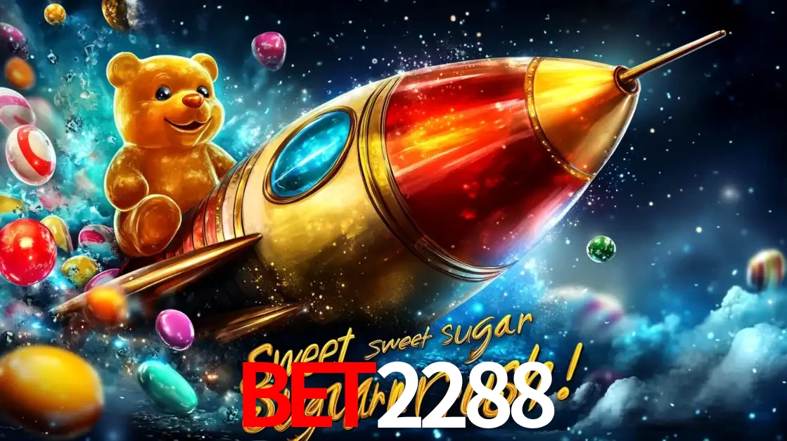 Arte promocional do jogo de slot Sugar Rush, com um urso de pelúcia em um foguete viajando pelo espaço de doces, um dos jogos divertidos disponíveis no cassino BET2288.