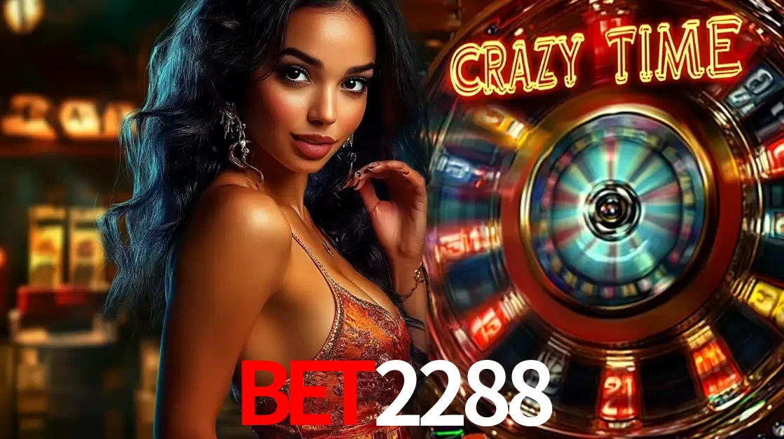Mulher elegante ao lado da vibrante roda da fortuna do jogo de cassino ao vivo Crazy Time, um dos game shows mais populares e cheios de prêmios do BET2288.
