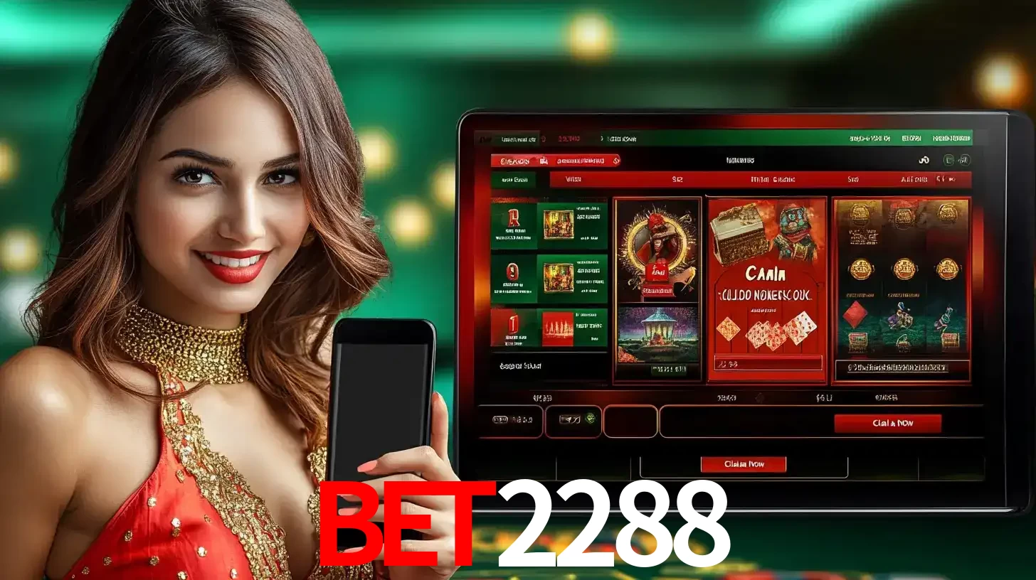 Mulher sorridente segurando um smartphone, ao lado de uma tela exibindo o lobby de jogos do cassino online BET2288, com várias opções de jogos de cartas e slots.